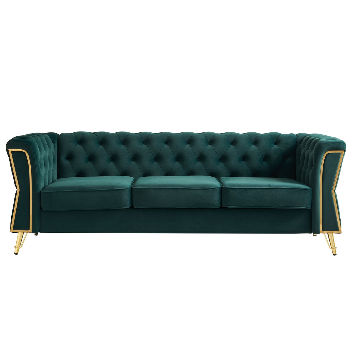 Deep Green Velvet Tufted Sofa, 87.4" 3-Seat with Flared Arms
