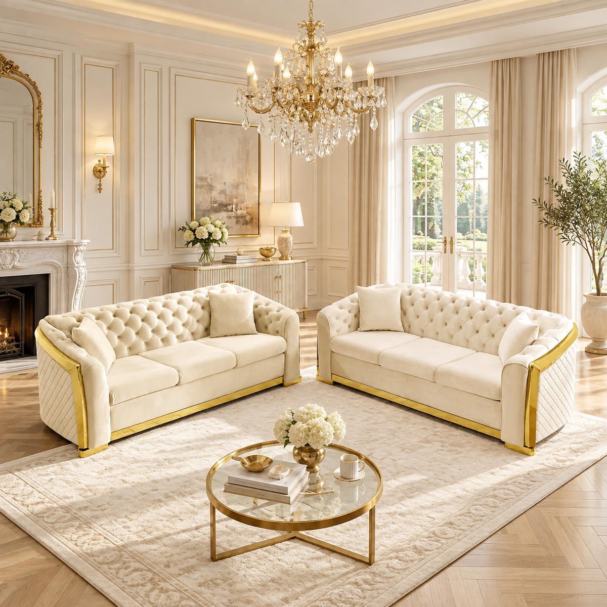 Tufted Velvet Chesterfield Sofa with Gold Trim, 84" in Black, Beige & Navy Blue