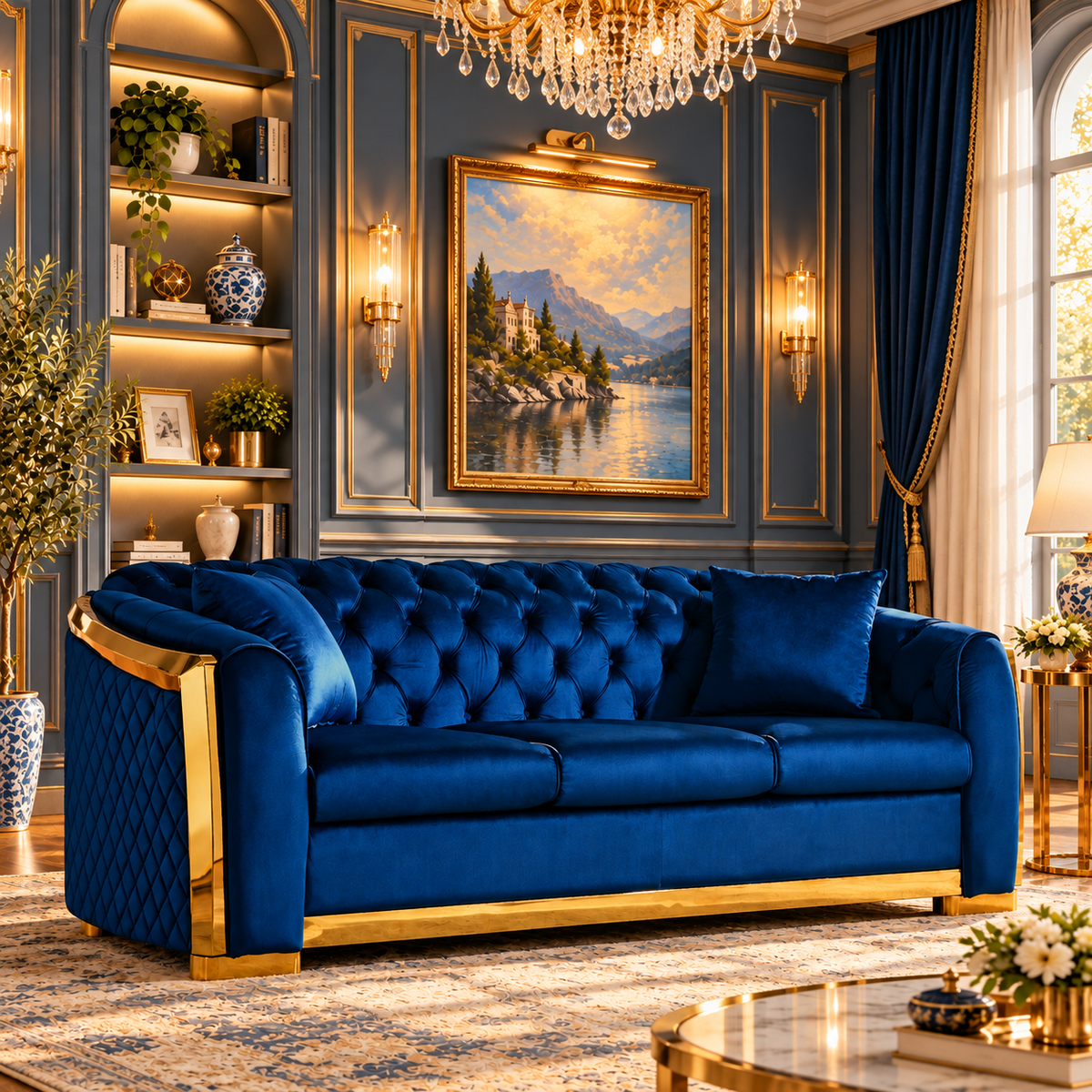 Tufted Velvet Chesterfield Sofa with Gold Trim, 84" in Black, Beige & Navy Blue