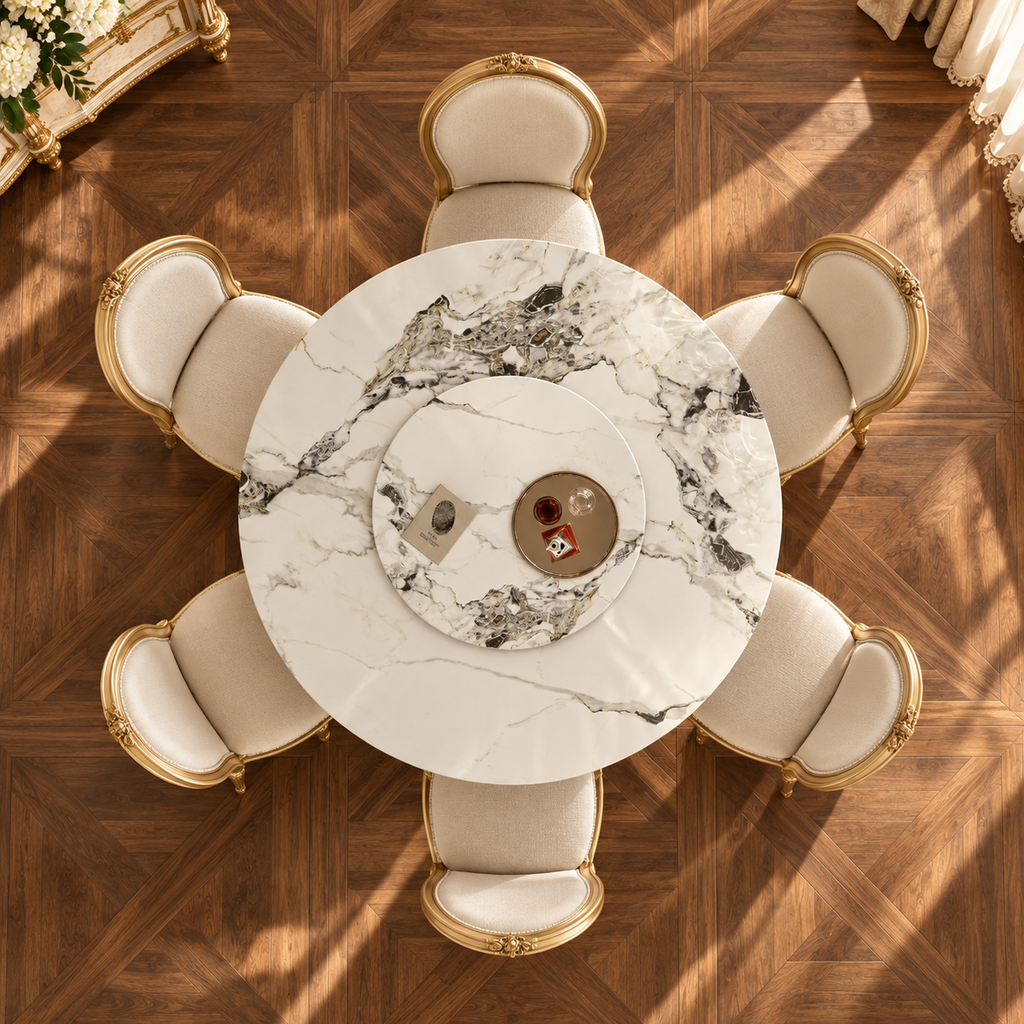 Round Sintered Stone Dining Table with Sculpted Gold Pedestal, 59"