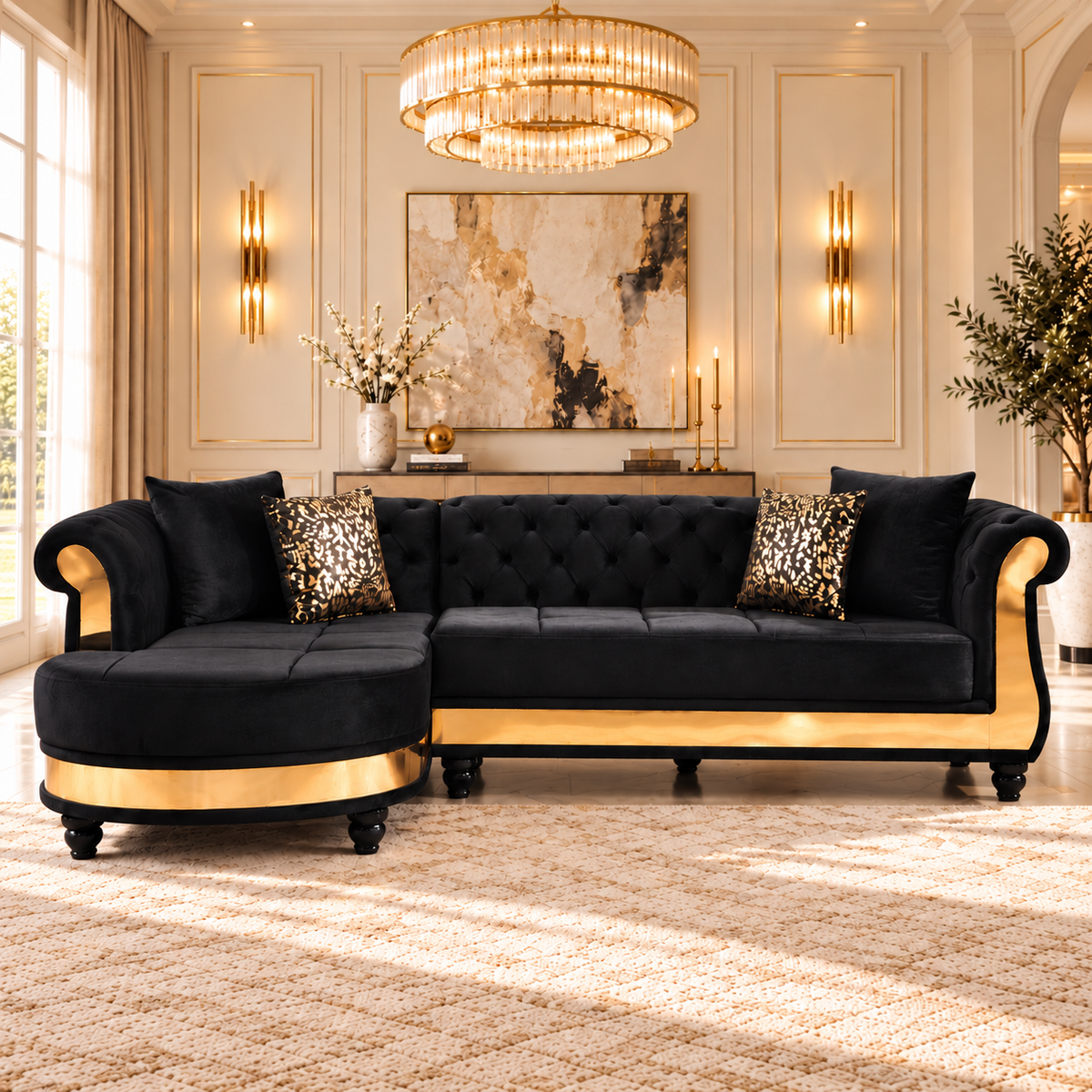 Tufted Velvet L-Shaped Sectional with Gold Trim, 109" in Black, Beige & Taupe