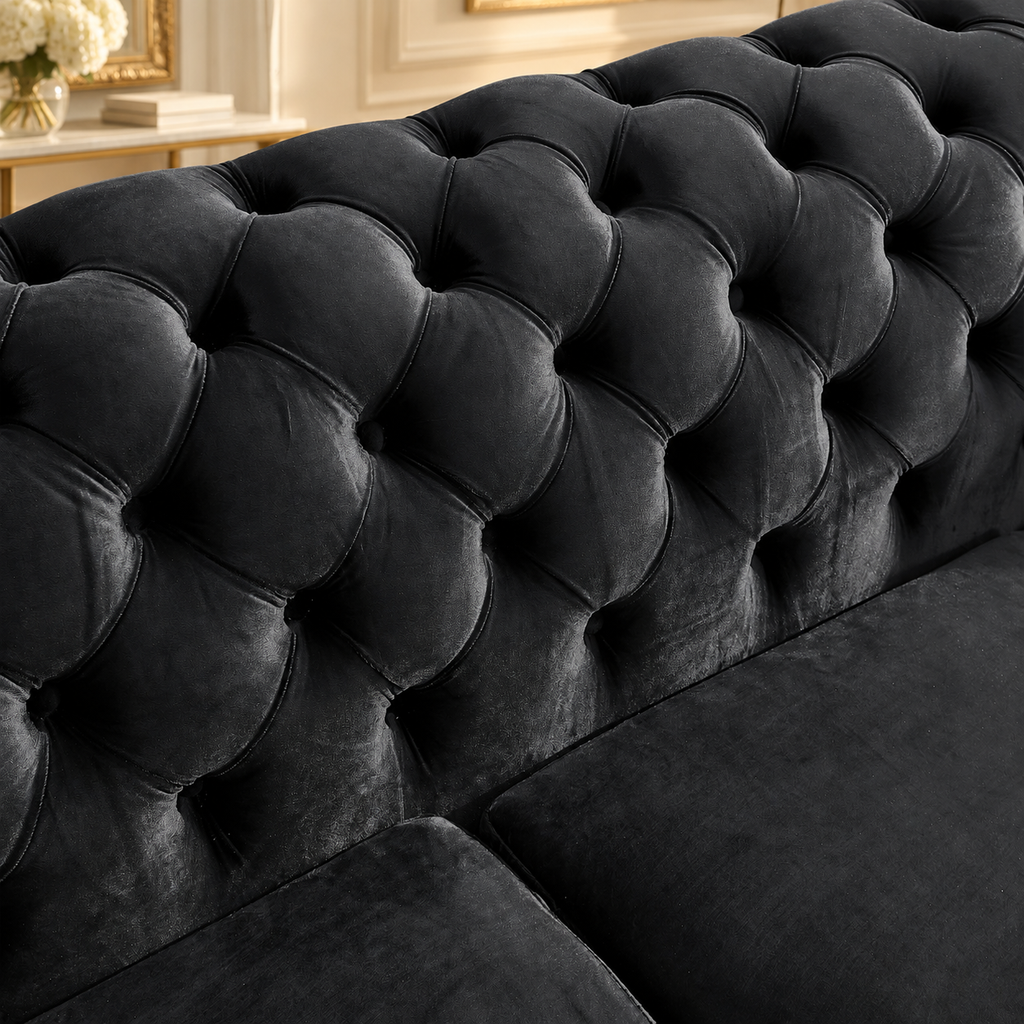 Tufted Velvet Chesterfield Sofa with Gold Trim, 84" in Black, Beige & Navy Blue