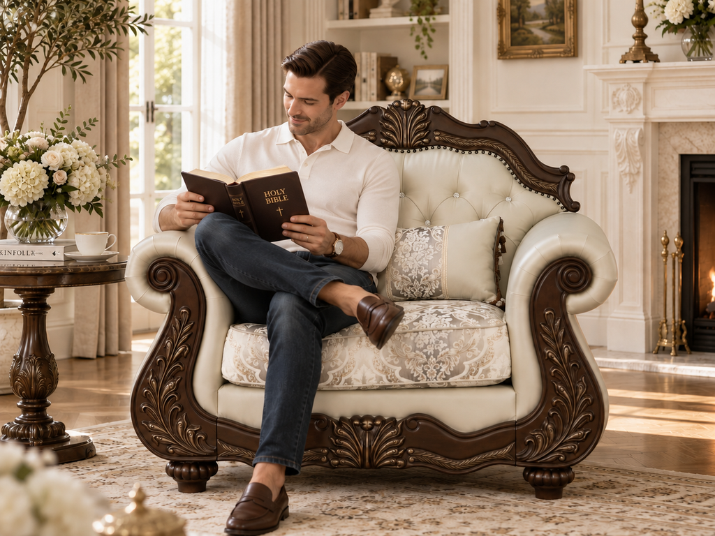 Ornate Beige Carved Wood 2-Piece Living Room Set