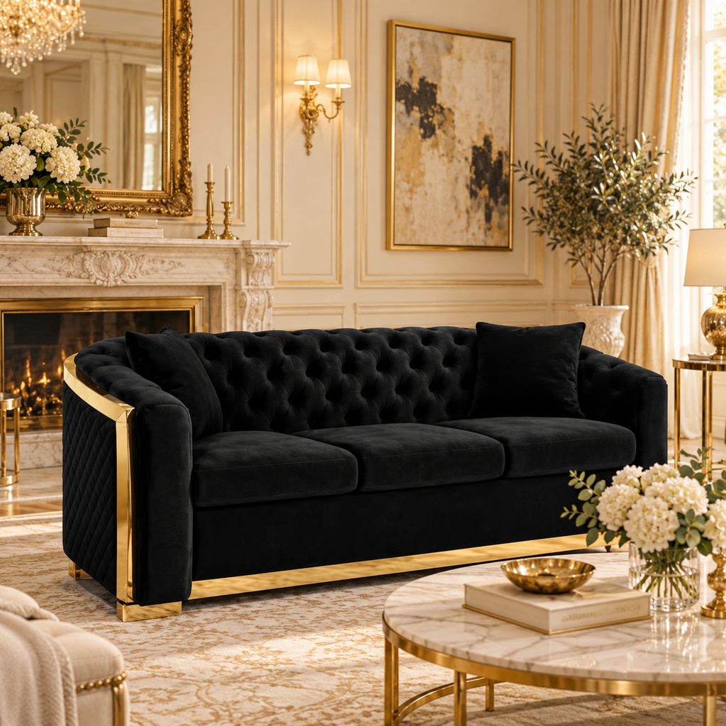 Tufted Velvet Chesterfield Sofa with Gold Trim, 84" in Black, Beige & Navy Blue