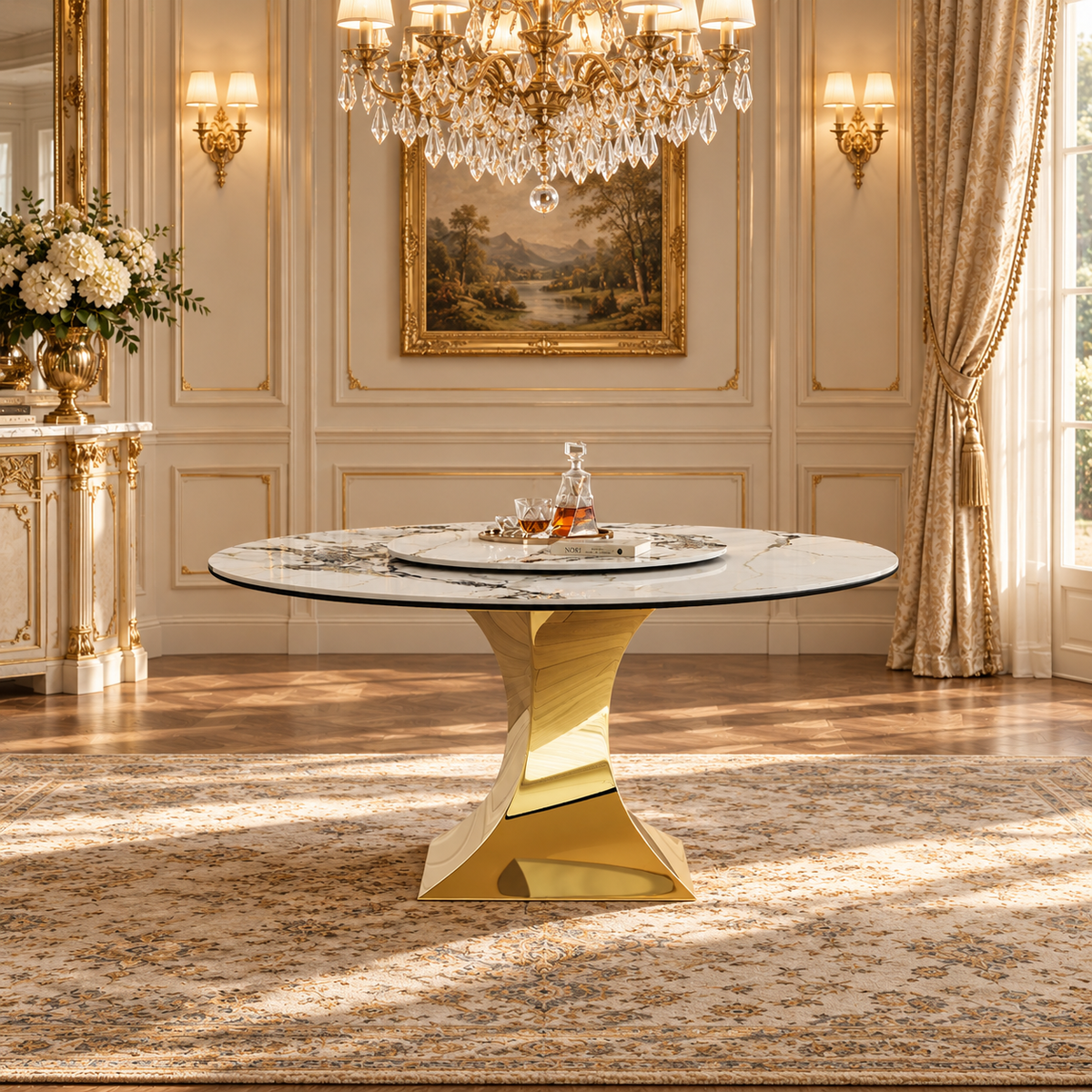 Round Sintered Stone Dining Table with Sculpted Gold Pedestal, 59"