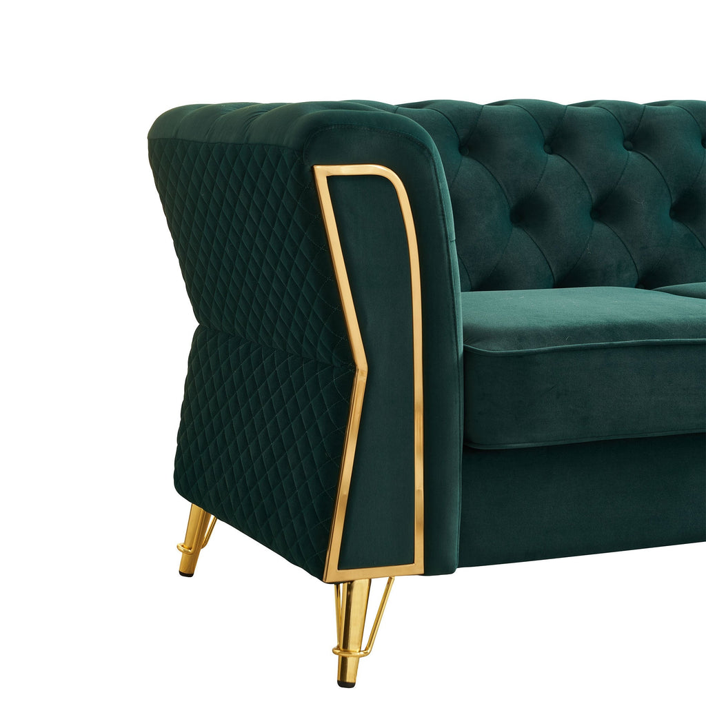 Deep Green Velvet Tufted Sofa, 87.4" 3-Seat with Flared Arms