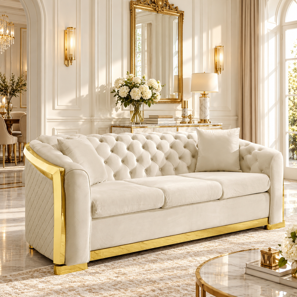 Tufted Velvet Chesterfield Sofa with Gold Trim, 84" in Black, Beige & Navy Blue