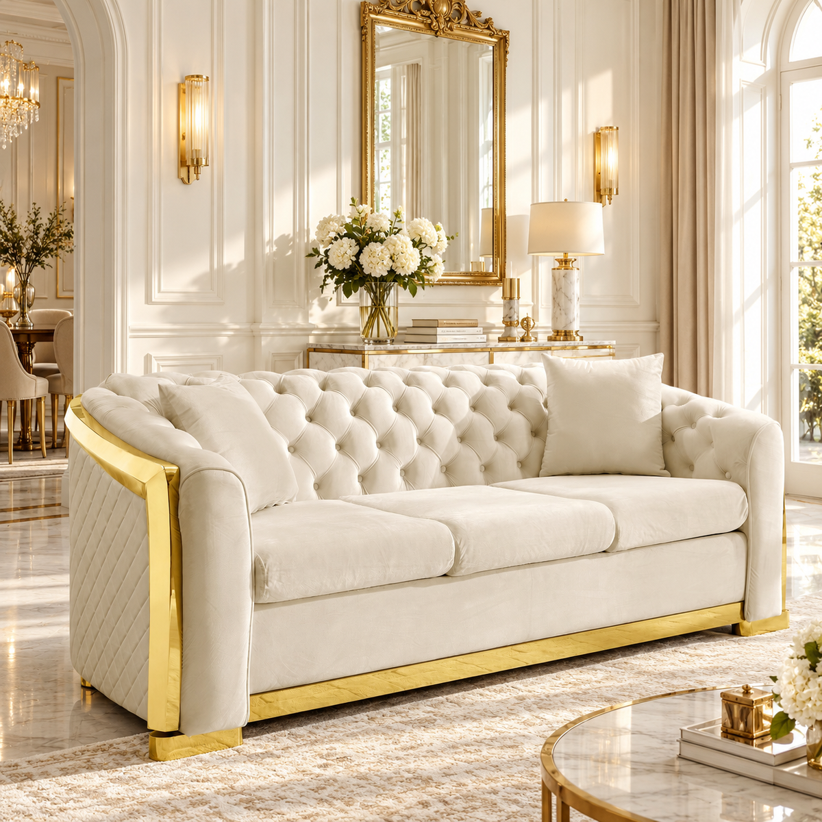 Tufted Velvet Chesterfield Sofa with Gold Trim, 84" in Black, Beige & Navy Blue