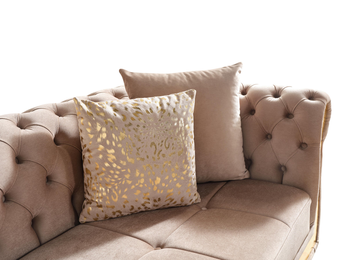 Tufted Velvet L-Shaped Sectional with Gold Trim, 109" in Black, Beige & Taupe