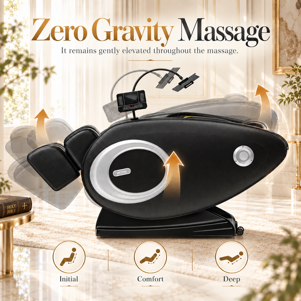 BILITOK Black Zero-Gravity 8-Roller Massage Recliner with Full-Body Air Pressure & Heat