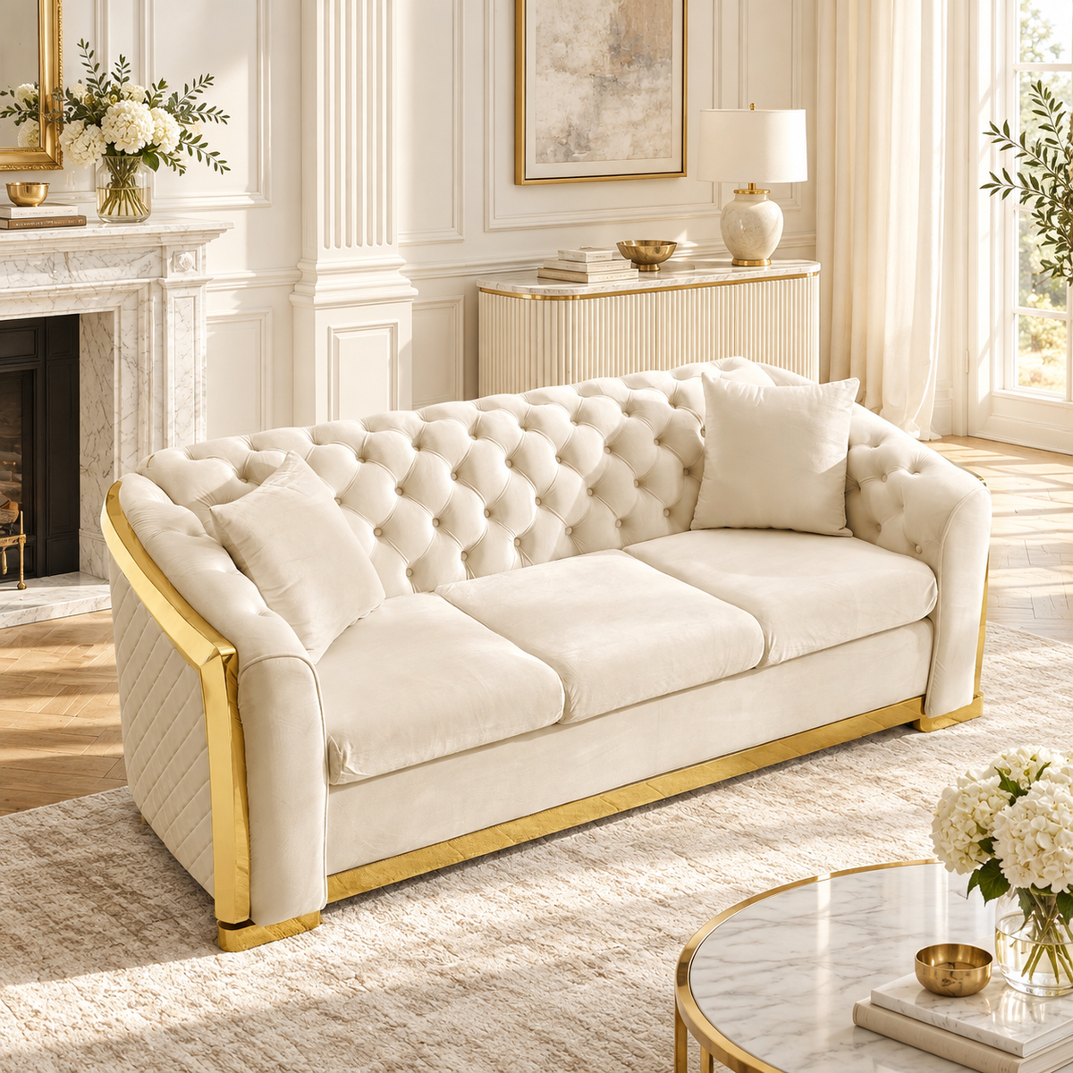 Tufted Velvet Chesterfield Sofa with Gold Trim, 84" in Black, Beige & Navy Blue