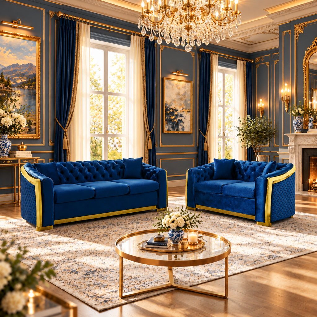 Tufted Velvet Chesterfield Sofa with Gold Trim, 84" in Black, Beige & Navy Blue
