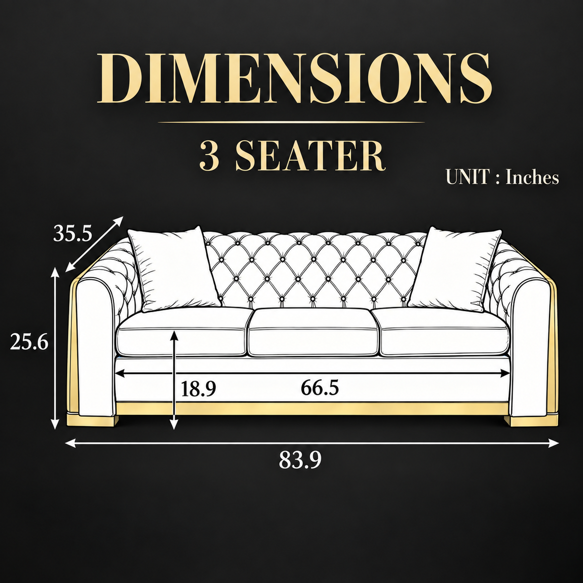 Tufted Velvet Chesterfield Sofa with Gold Trim, 84" in Black, Beige & Navy Blue