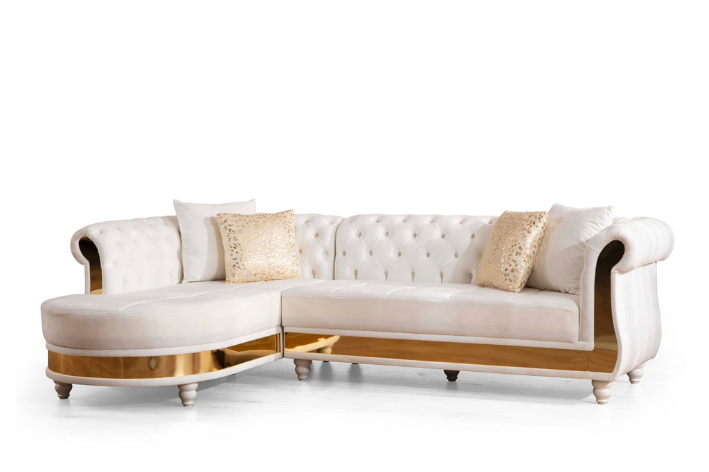 Beige Velvet Tufted Sectional with Gold Accents