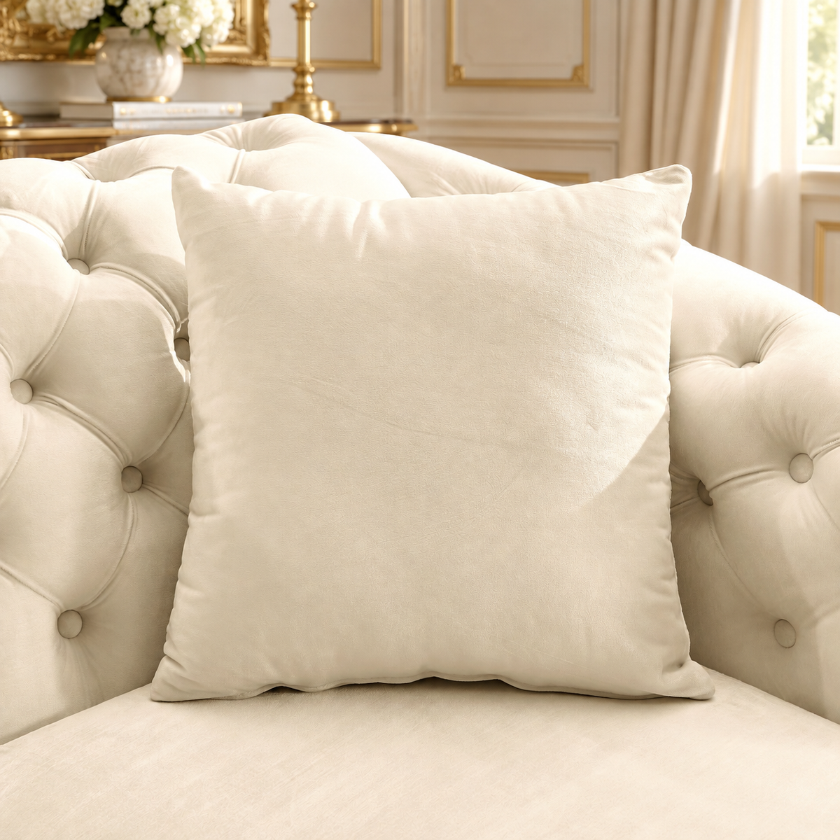 Tufted Velvet Chesterfield Sofa with Gold Trim, 84" in Black, Beige & Navy Blue