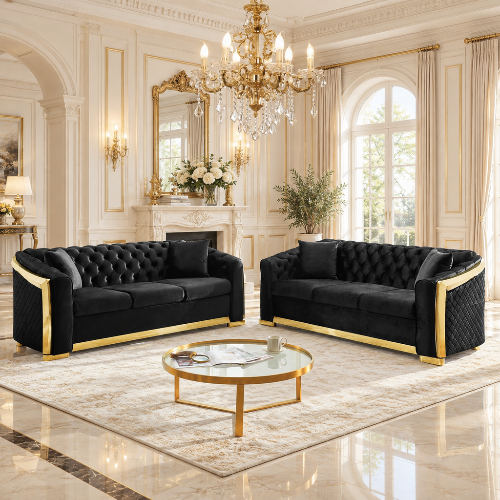 Tufted Velvet Chesterfield Sofa with Gold Trim, 84" in Black, Beige & Navy Blue