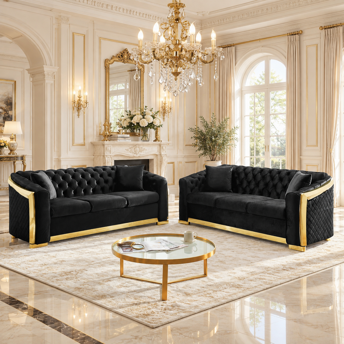 Tufted Velvet Chesterfield Sofa with Gold Trim, 84" in Black, Beige & Navy Blue