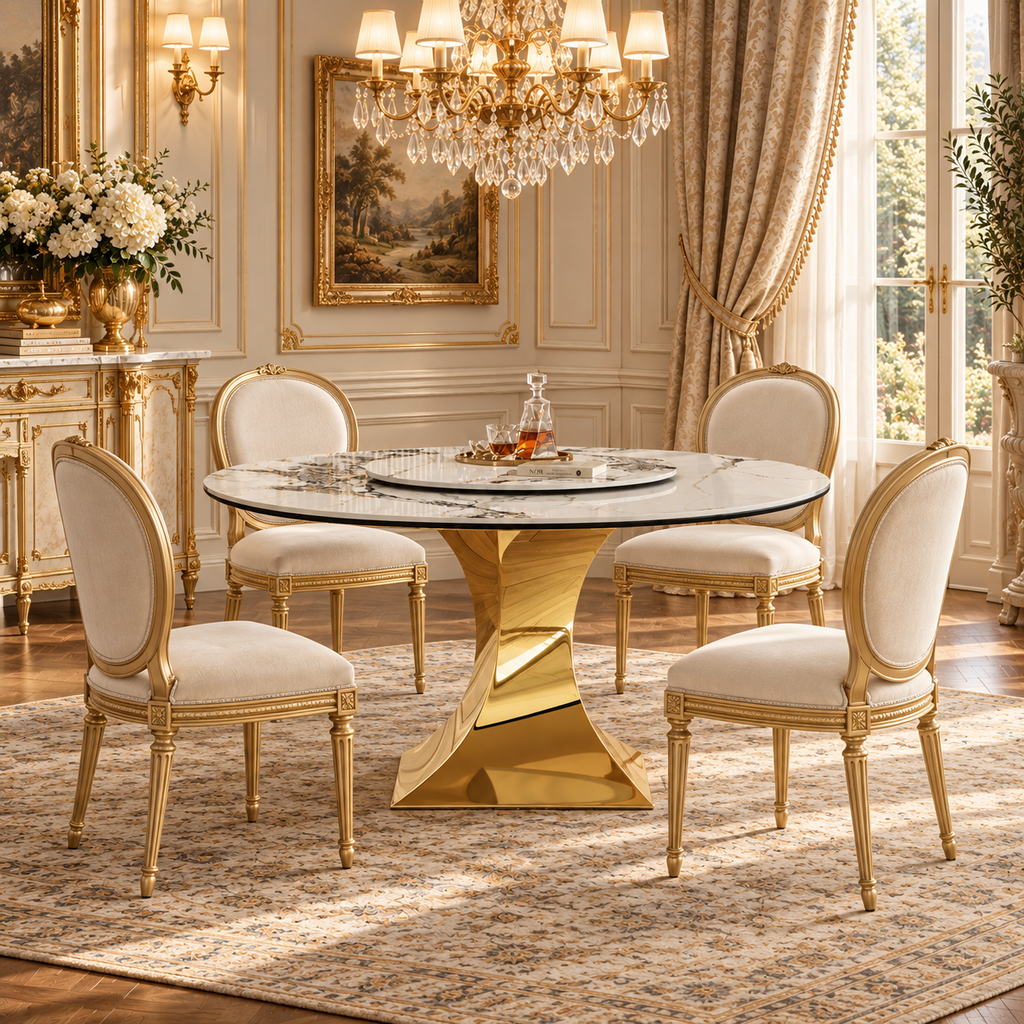 Round Sintered Stone Dining Table with Sculpted Gold Pedestal, 59"