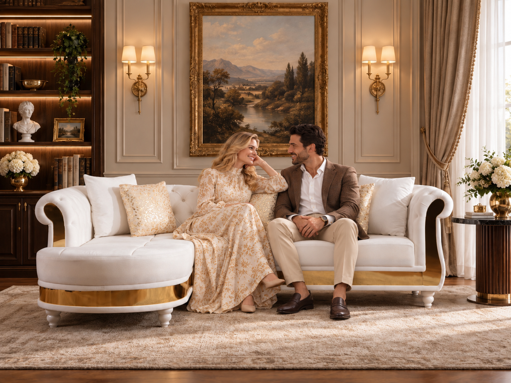 Beige Velvet Tufted Sectional with Gold Accents