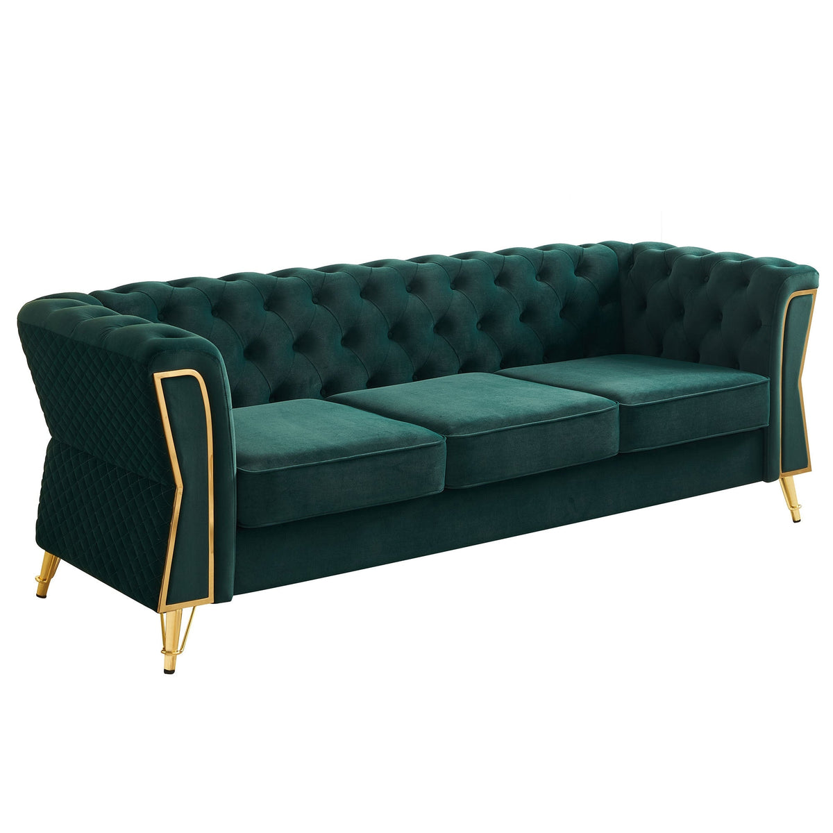 Deep Green Velvet Tufted Sofa, 87.4" 3-Seat with Flared Arms