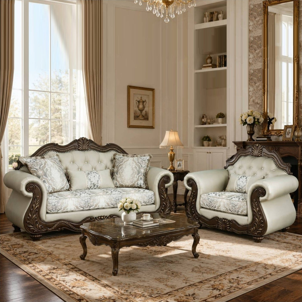 Ornate Beige Carved Wood 2-Piece Living Room Set