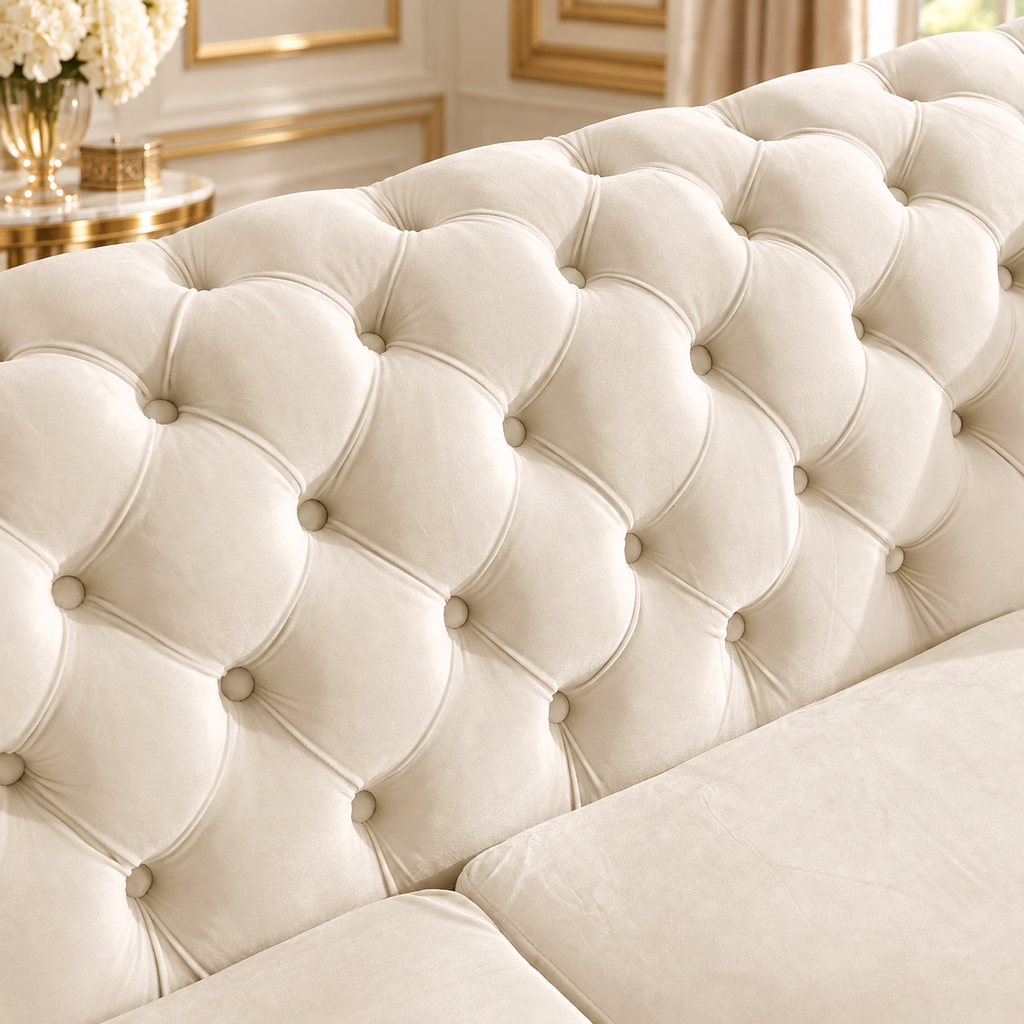 Tufted Velvet Chesterfield Sofa with Gold Trim, 84" in Black, Beige & Navy Blue