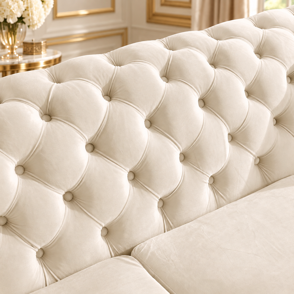 Tufted Velvet Chesterfield Sofa with Gold Trim, 84" in Black, Beige & Navy Blue