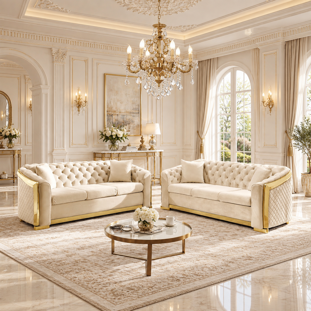Tufted Velvet Chesterfield Sofa with Gold Trim, 84" in Black, Beige & Navy Blue