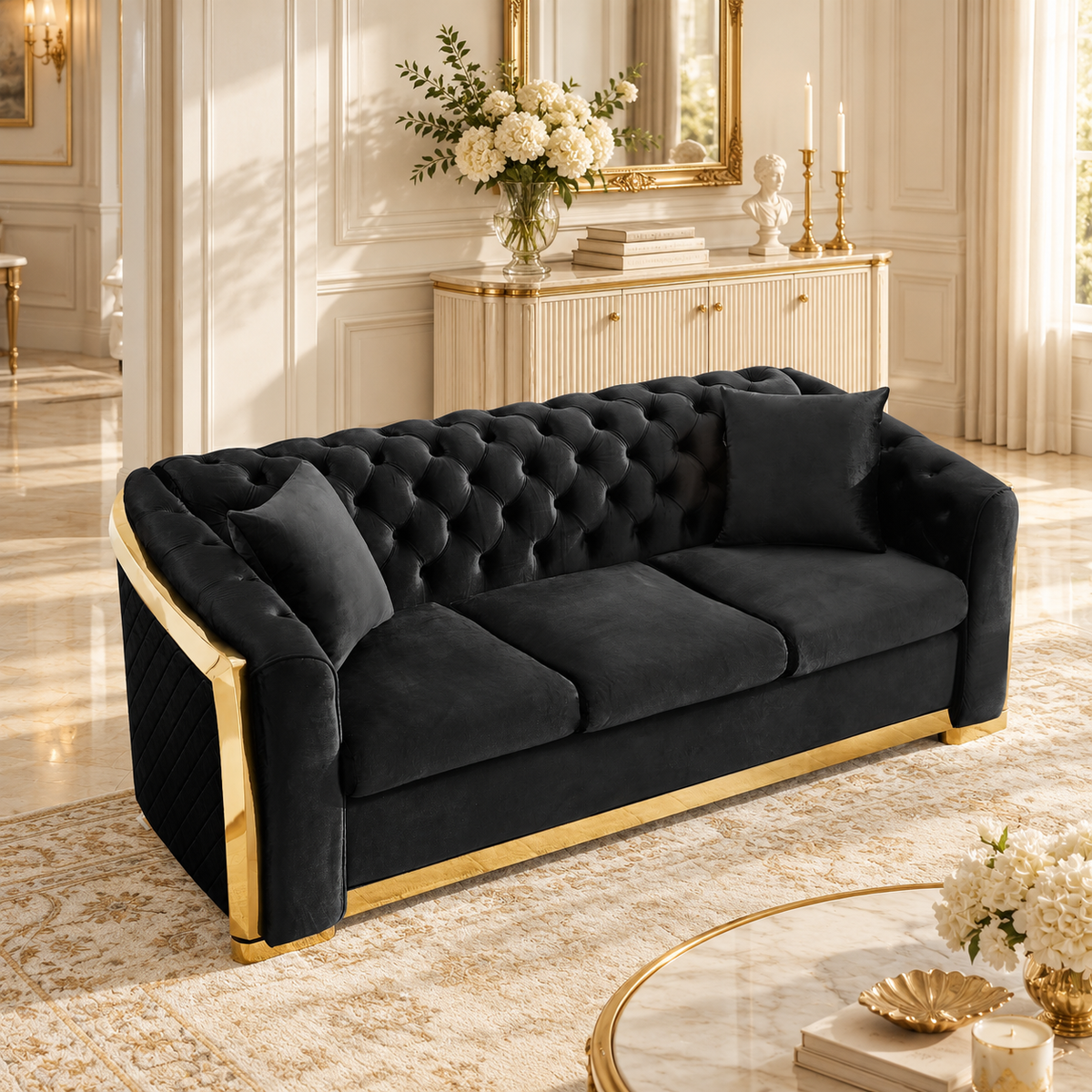 Tufted Velvet Chesterfield Sofa with Gold Trim, 84" in Black, Beige & Navy Blue
