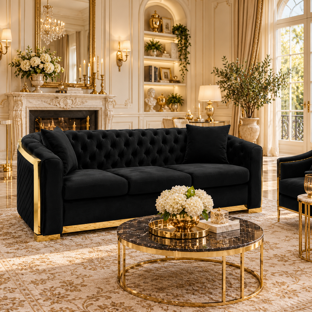 Tufted Velvet Chesterfield Sofa with Gold Trim, 84" in Black, Beige & Navy Blue