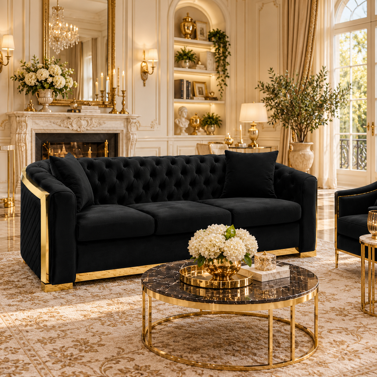 Tufted Velvet Chesterfield Sofa with Gold Trim, 84" in Black, Beige & Navy Blue
