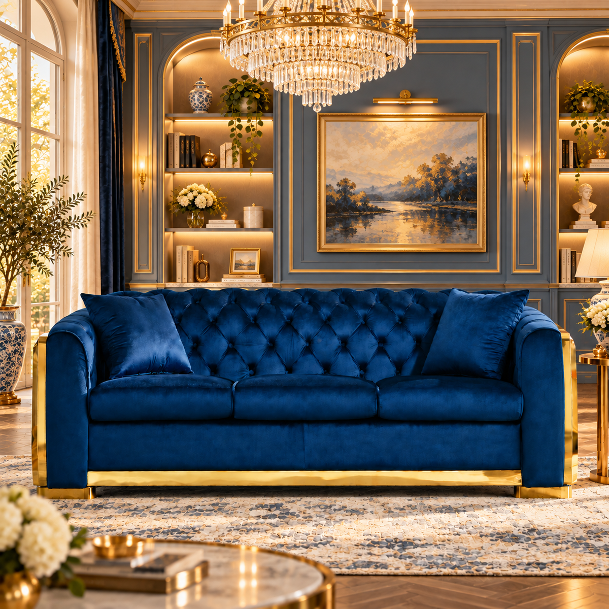 Tufted Velvet Chesterfield Sofa with Gold Trim, 84" in Black, Beige & Navy Blue