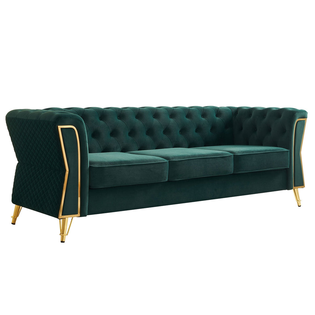 Deep Green Velvet Tufted Sofa, 87.4" 3-Seat with Flared Arms