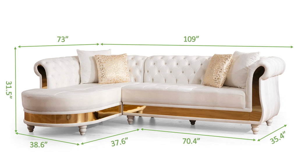 Beige Velvet Tufted Sectional with Gold Accents