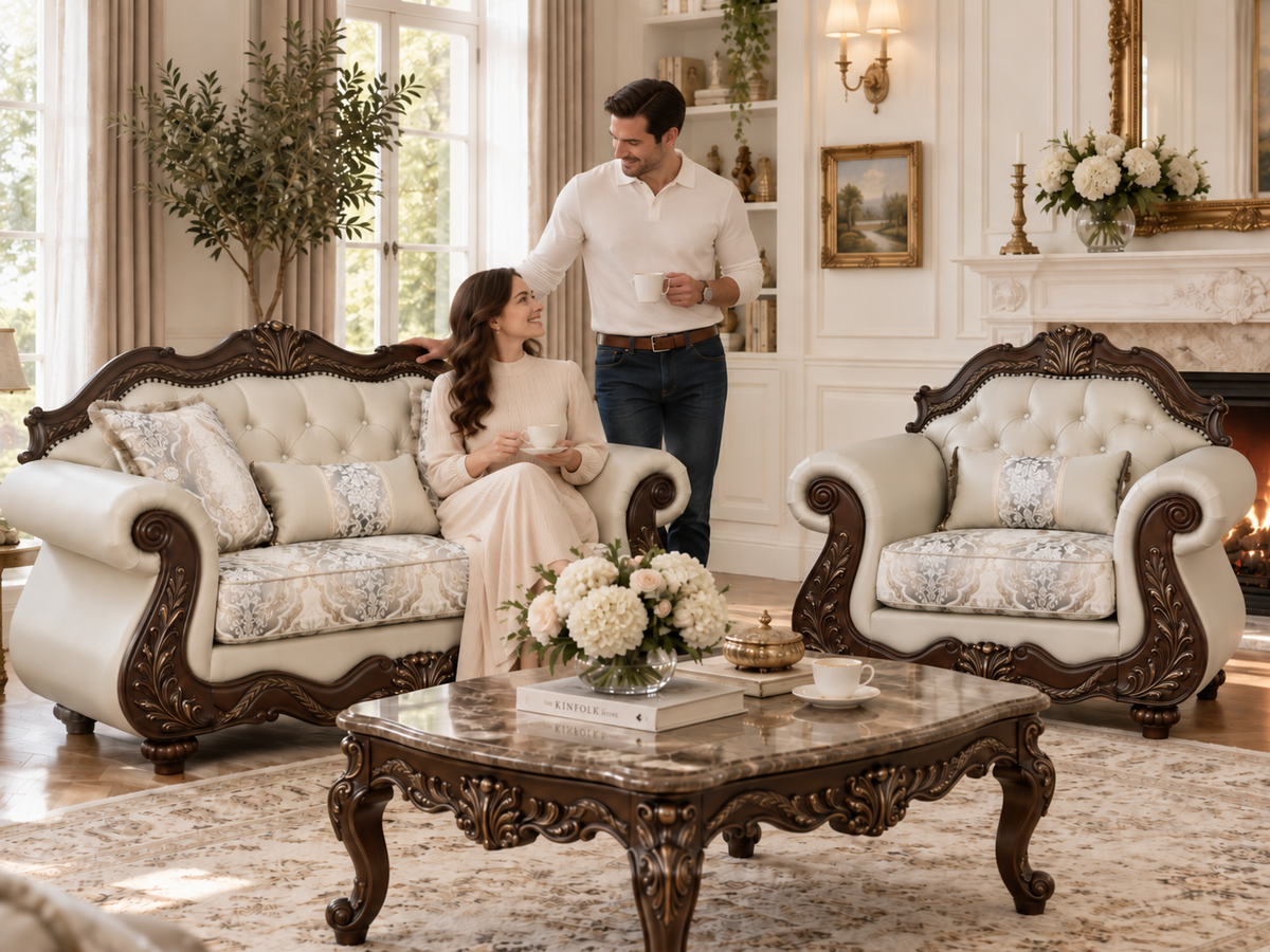 Ornate Beige Carved Wood 2-Piece Living Room Set