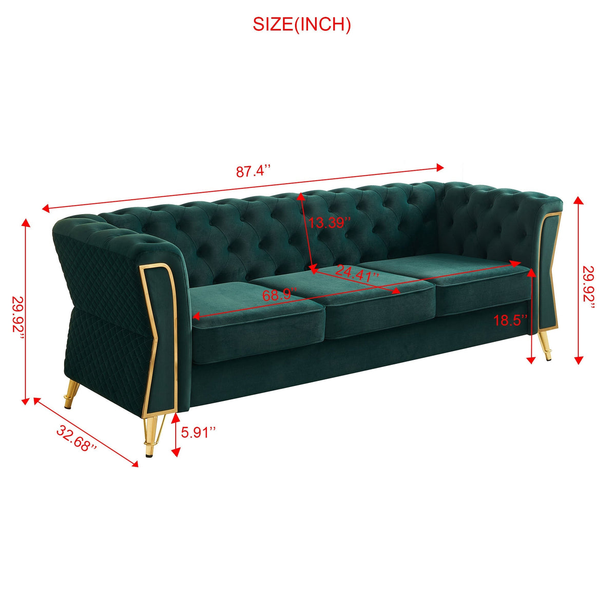 Deep Green Velvet Tufted Sofa, 87.4" 3-Seat with Flared Arms