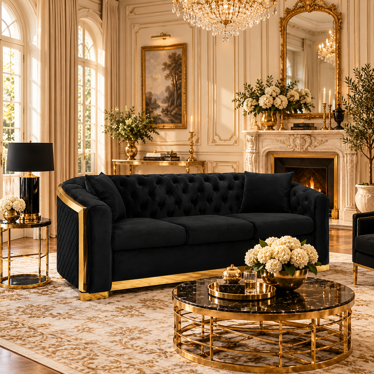 Tufted Velvet Chesterfield Sofa with Gold Trim, 84" in Black, Beige & Navy Blue