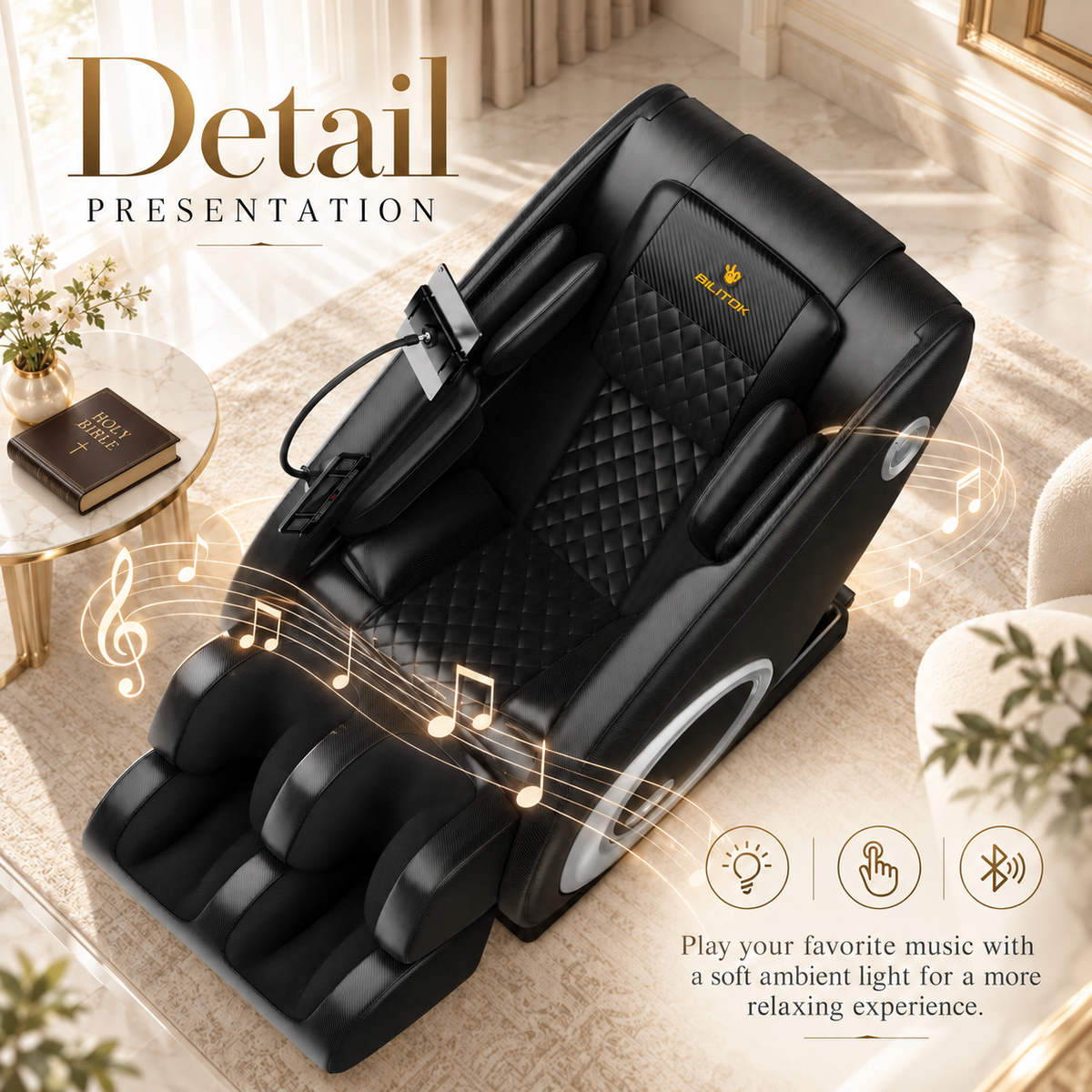 BILITOK Black Zero-Gravity 8-Roller Massage Recliner with Full-Body Air Pressure & Heat