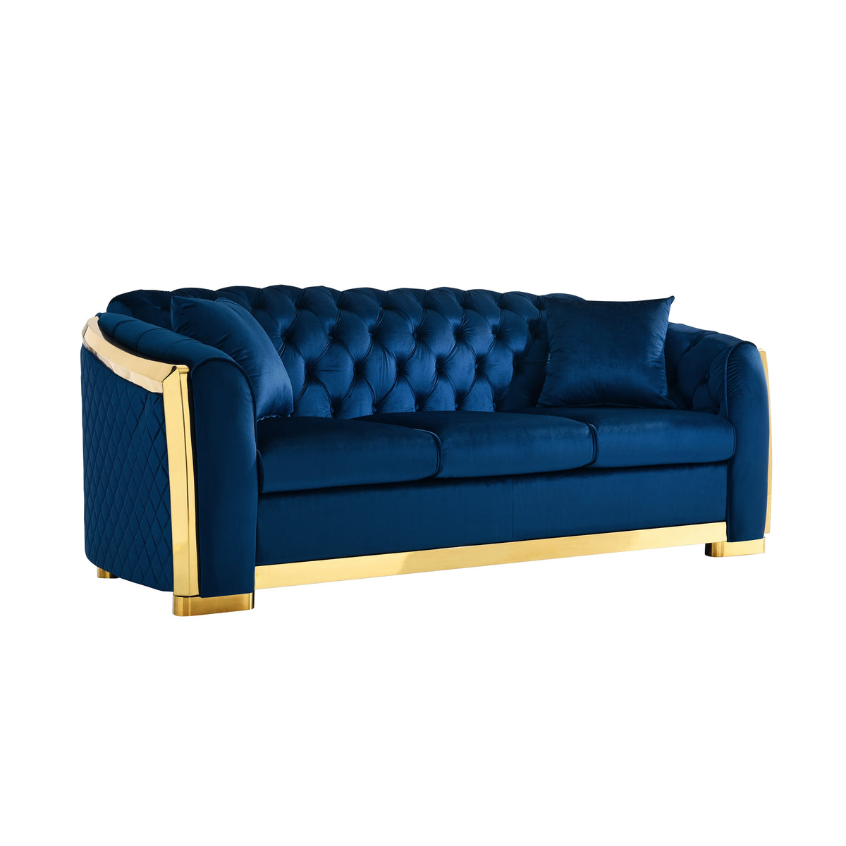 Tufted Velvet Chesterfield Sofa with Gold Trim, 84" in Black, Beige & Navy Blue