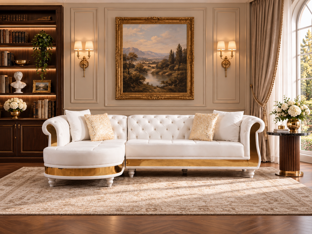 Tufted Velvet L-Shaped Sectional with Gold Trim, 109" in Black, Beige & Taupe