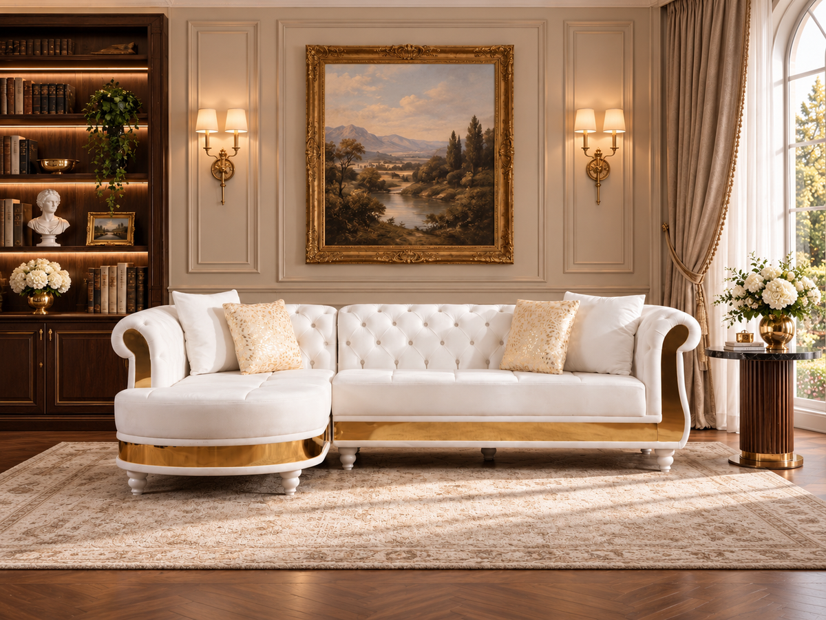 Tufted Velvet L-Shaped Sectional with Gold Trim, 109" in Black, Beige & Taupe