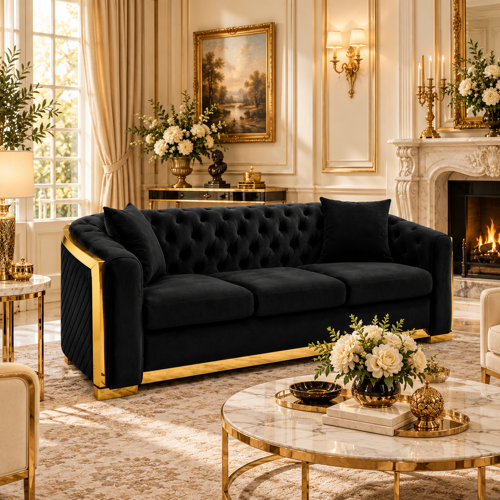 Tufted Velvet Chesterfield Sofa with Gold Trim, 84" in Black, Beige & Navy Blue