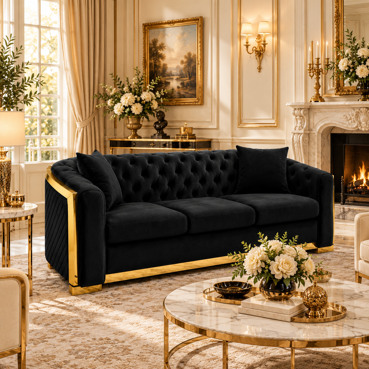 Tufted Velvet Chesterfield Sofa with Gold Trim, 84" in Black, Beige & Navy Blue