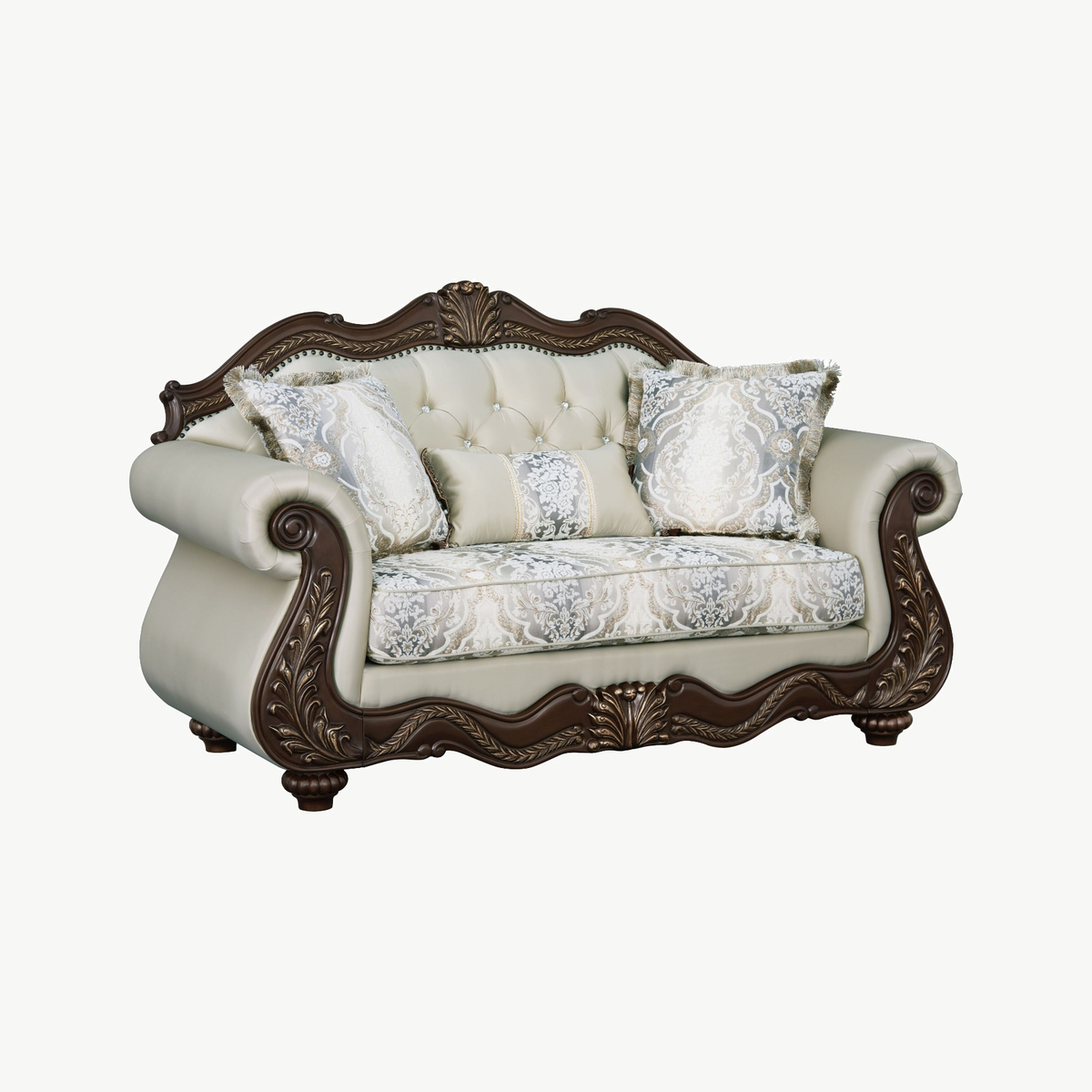 Ornate Beige Carved Wood 2-Piece Living Room Set