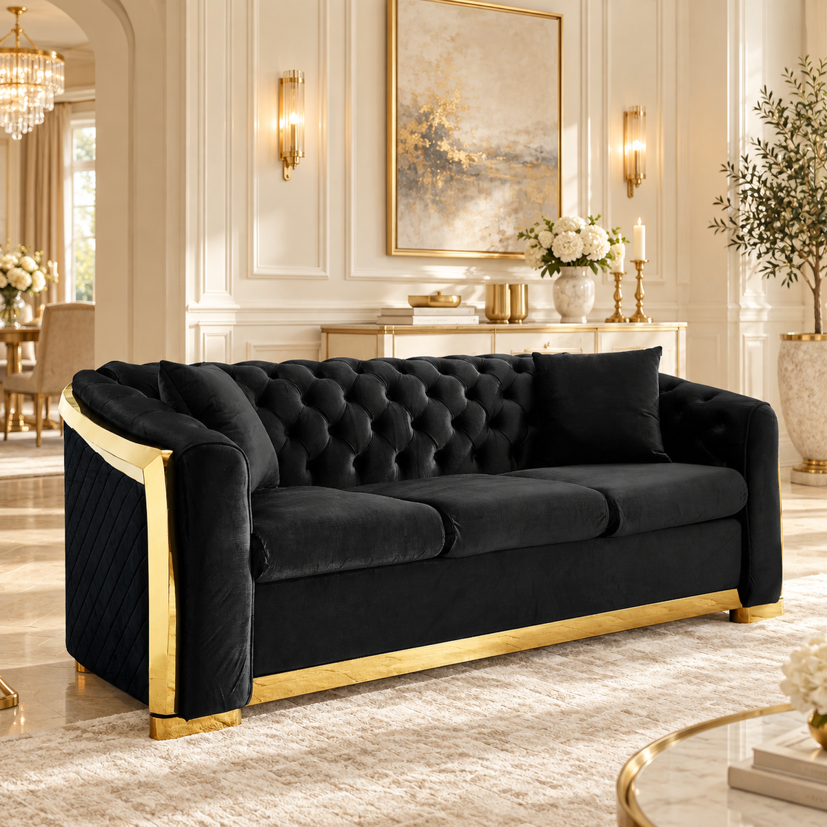 Tufted Velvet Chesterfield Sofa with Gold Trim, 84" in Black, Beige & Navy Blue