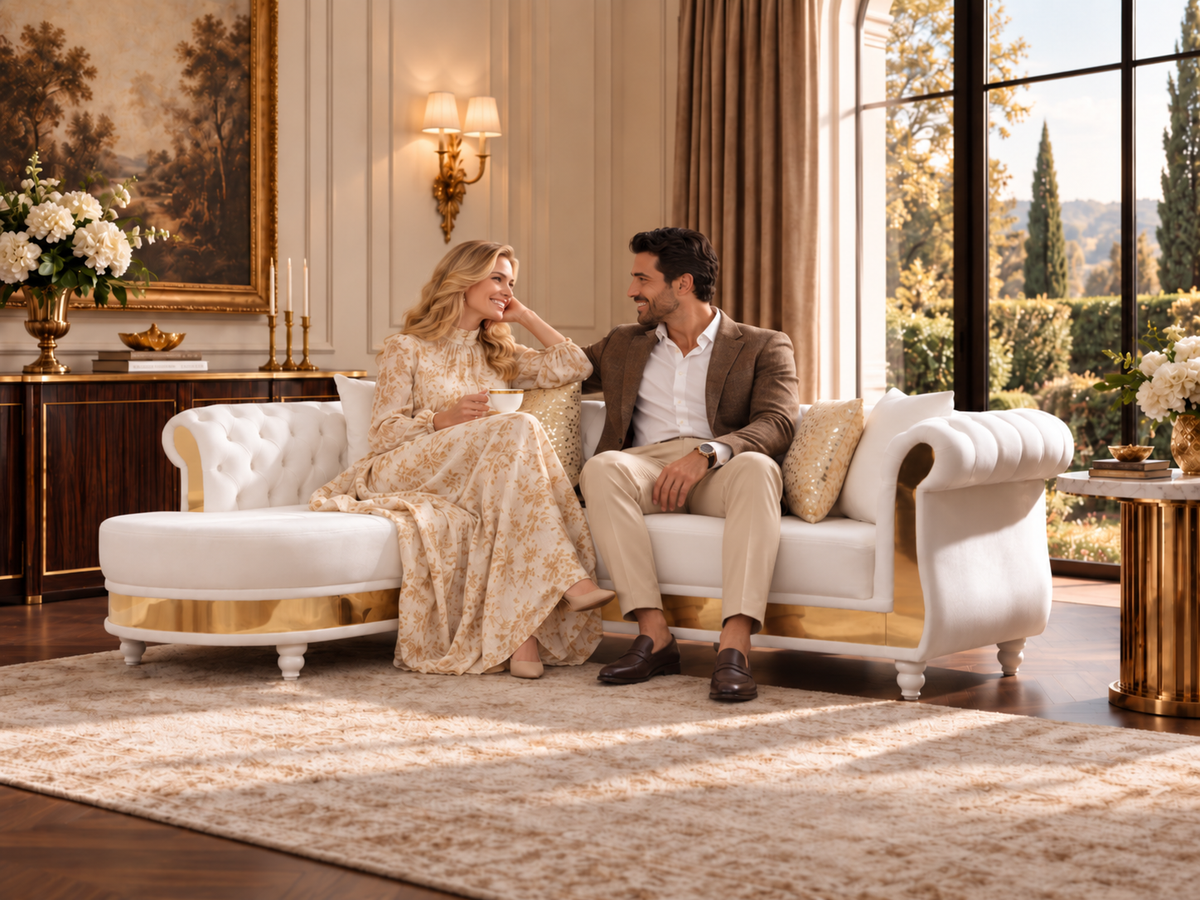 Beige Velvet Tufted Sectional with Gold Accents