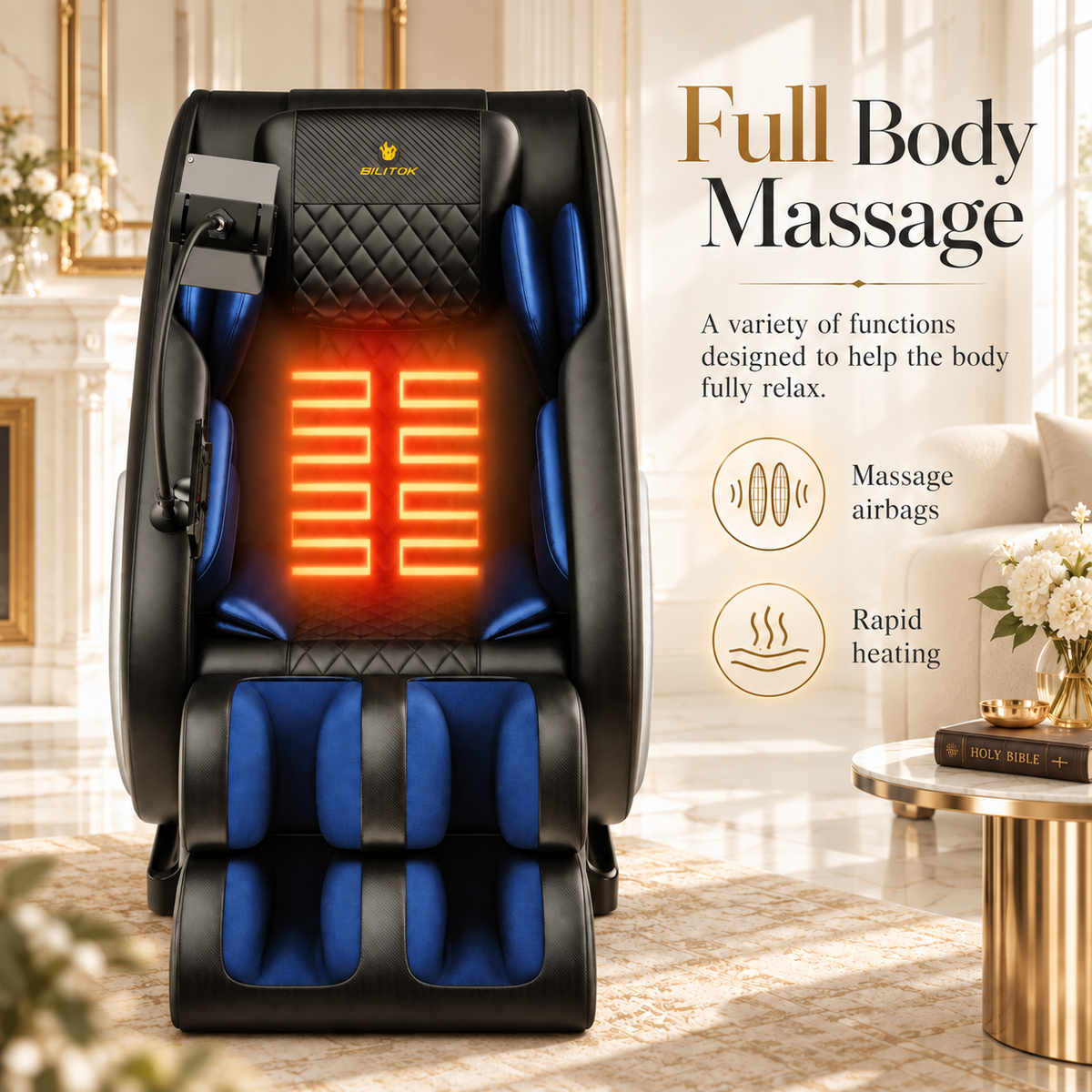 BILITOK Black Zero-Gravity 8-Roller Massage Recliner with Full-Body Air Pressure & Heat