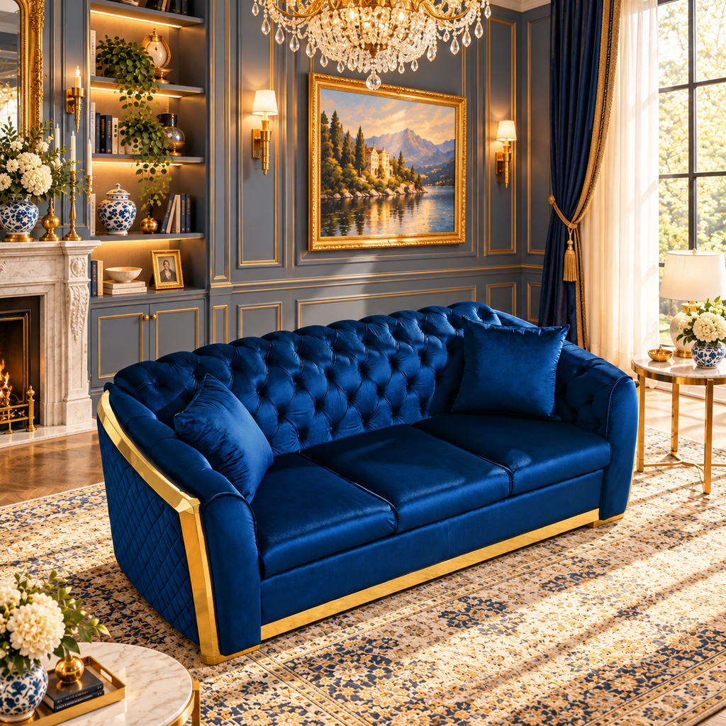 Tufted Velvet Chesterfield Sofa with Gold Trim, 84" in Black, Beige & Navy Blue