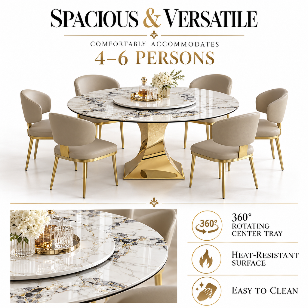 Round Sintered Stone Dining Table with Sculpted Gold Pedestal, 59"