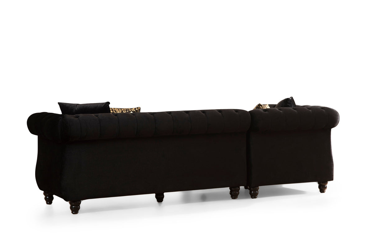 Tufted Velvet L-Shaped Sectional with Gold Trim, 109" in Black, Beige & Taupe